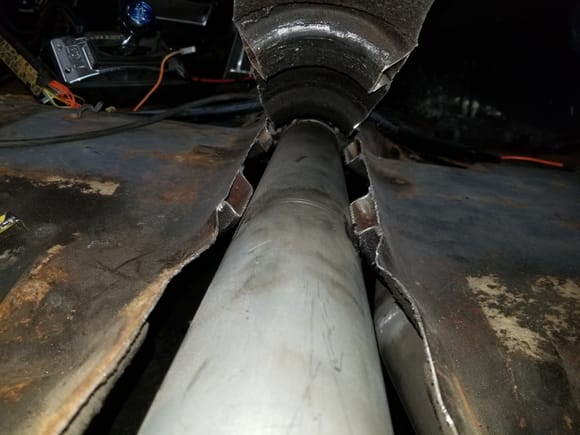 Still had to trim floor pan crossmembers for drive shaft to come up high enough to connect with axle at this "ride height"