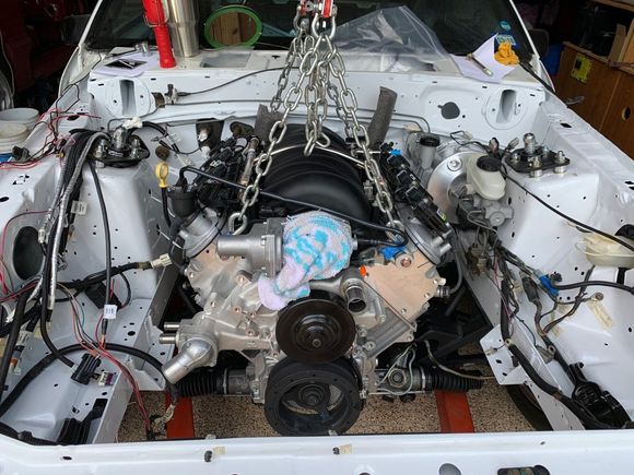 Look at that!  Oh so close.  Can I get the two, long engine mount to bracket bolts in?  No.  Only one.