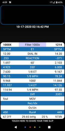 look closely at this time slip all the information is included on it it's on the app at the drag strip I race at worldwide technology raceway in East St Louis the car in the left lane is also mine it's a 2002 Z28 with the original LS1 a mild cam and some good bolt-ons The car in the right lane is a completely stock 2.73 geared 98 Z28 ls1.  The DA is just below 1,000 ft so pretty could conditions and yet both cars could be doing a little bit better.  This track is heartbreaker everyone knows it