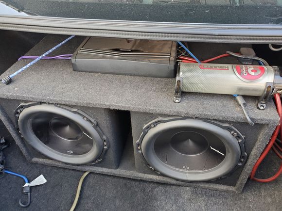 2x 12" RF P3 Competition 2000w 8ohm each bridged with a 4000k 6ohm Kenwood amp and some cheap capacitor that works extremely well lol. 