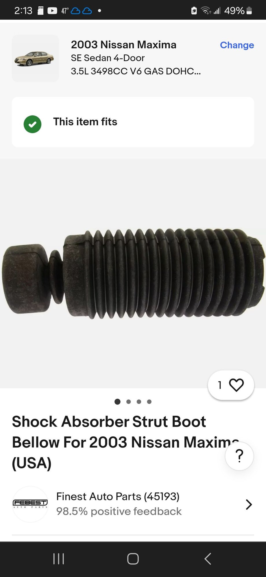 Pic of Febest brand oem copies of rear shock boot w/o bump stop. This vendor does not sell them together. Does this boot look like the oem Nissan ones for the rear shocks of an 03 Max SE 3.5L with (1) rubber bushing, instead of (2) rubber ribs/bushings like the first pic in this post? Is this rear boot correct? Part # 55240-2Y000? Anyone that can lead me in the right direction, thank you. These will be going on rear oem-replacement Kyb #341341 Excel-g shocks with the original,