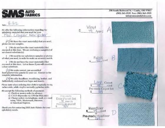 sms fabric samples prices &amp; colors for Paint Code: DD1 Interior 1962 Chrysler New Yorker
