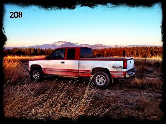 96 Chev 1/2 ton 
Vortec 350, Auto, ? gears 
Daily driver. 
Bought 2nd owner in 2011 with 83k "grandpa" miles from an old logger friend. Booked for 28,xxx new, "stolen" for 5k cash.