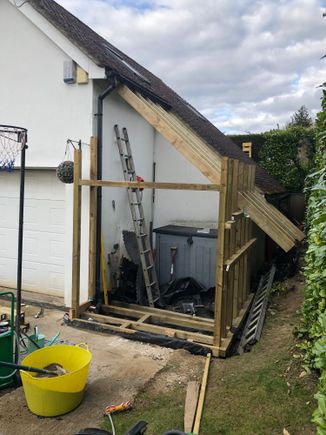 I followed the roof line of the workshop (my office is above the garage) getting materials has been a challenge.
