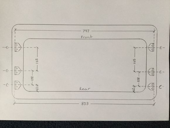 Note: the measurements on mine very when measured from outer face of the bracket to outer face of bracket when measured across the width of sun roof frame, they also don't lign up when a straight edge is held against the outer mounting face, you would probably be better off measuring the distance between your slider brackets do make sure that the dims on this picture are similar to yours.