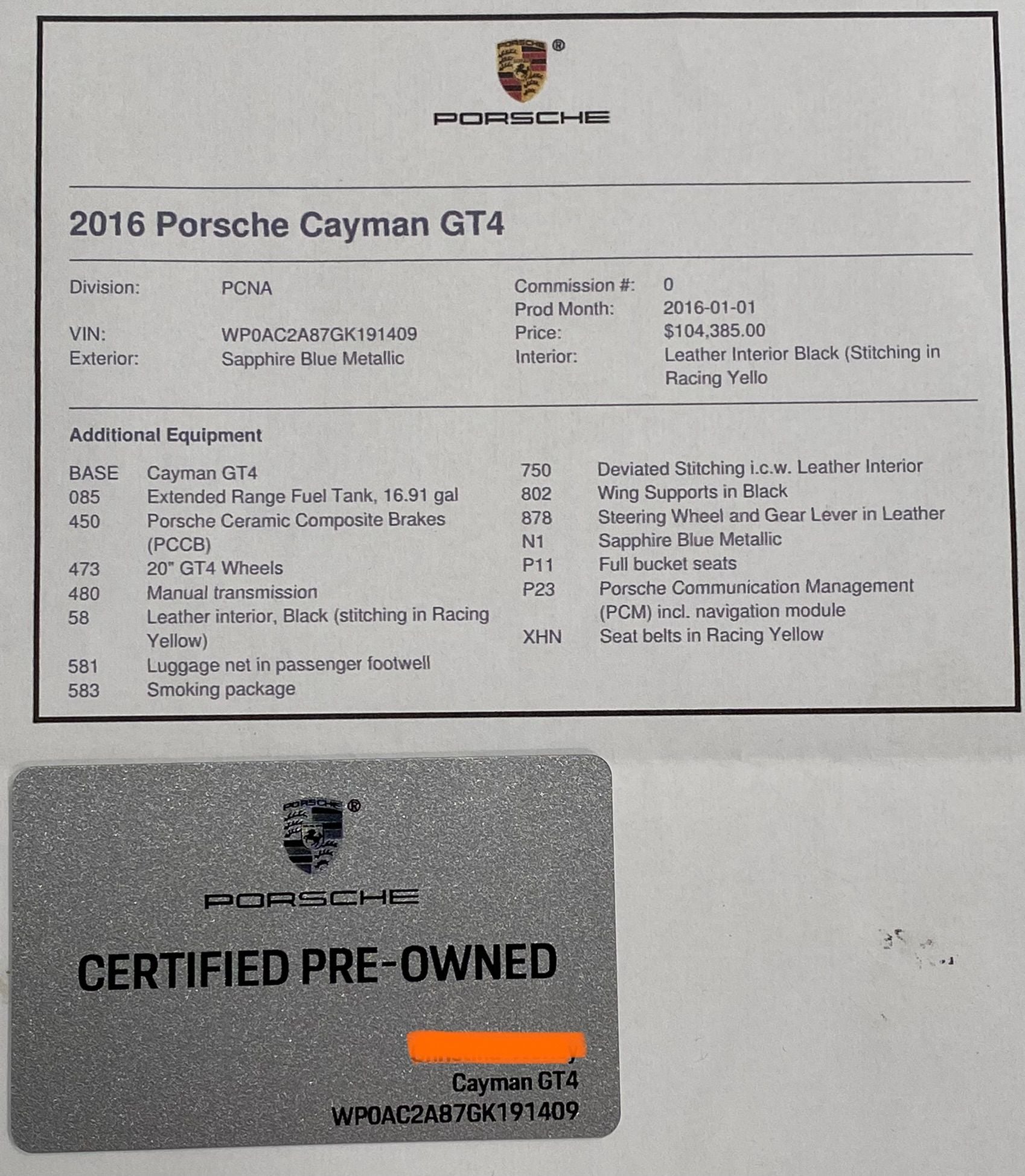 2016 Porsche Cayman GT4 - CPO 2016 Cayman GT4: Sapphire, PCCB, LWB - Used - VIN WP0AC2A87GK191409 - 9,655 Miles - 6 cyl - 2WD - Manual - Coupe - Blue - Denver, CO 80247, United States