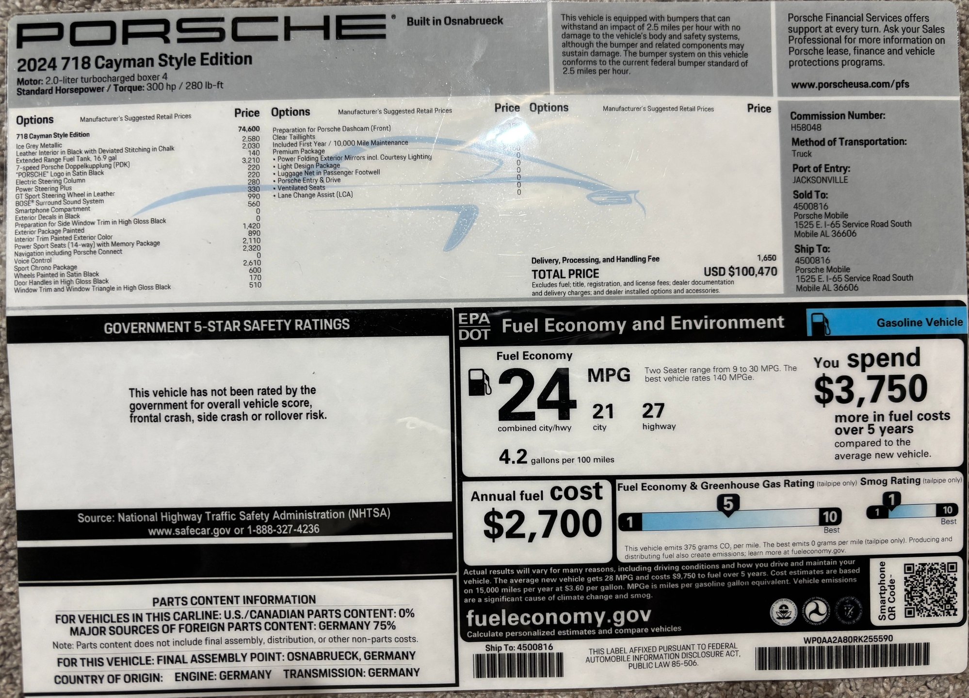 2024 Porsche 718 - 2024 Cayman Style Edition, CPO until 2031 - Used - VIN WP0AA2A80RK255590 - 1,174 Miles - 4 cyl - 2WD - Automatic - Coupe - Gray - Papillion, NE 68133, United States