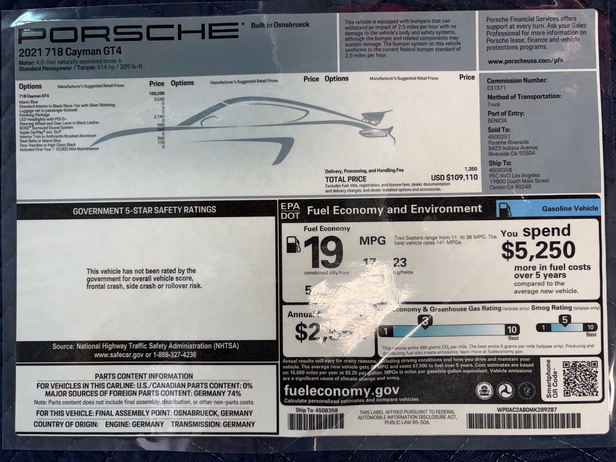 2021 Porsche 718 Cayman - 2021 Porsche Cayman GT4 – Miami Blue – 6MT – 4,800 Miles - Used - VIN WP0AC2A80MK289287 - 4,850 Miles - 6 cyl - 2WD - Manual - Coupe - Blue - Roseville, CA 95661, United States