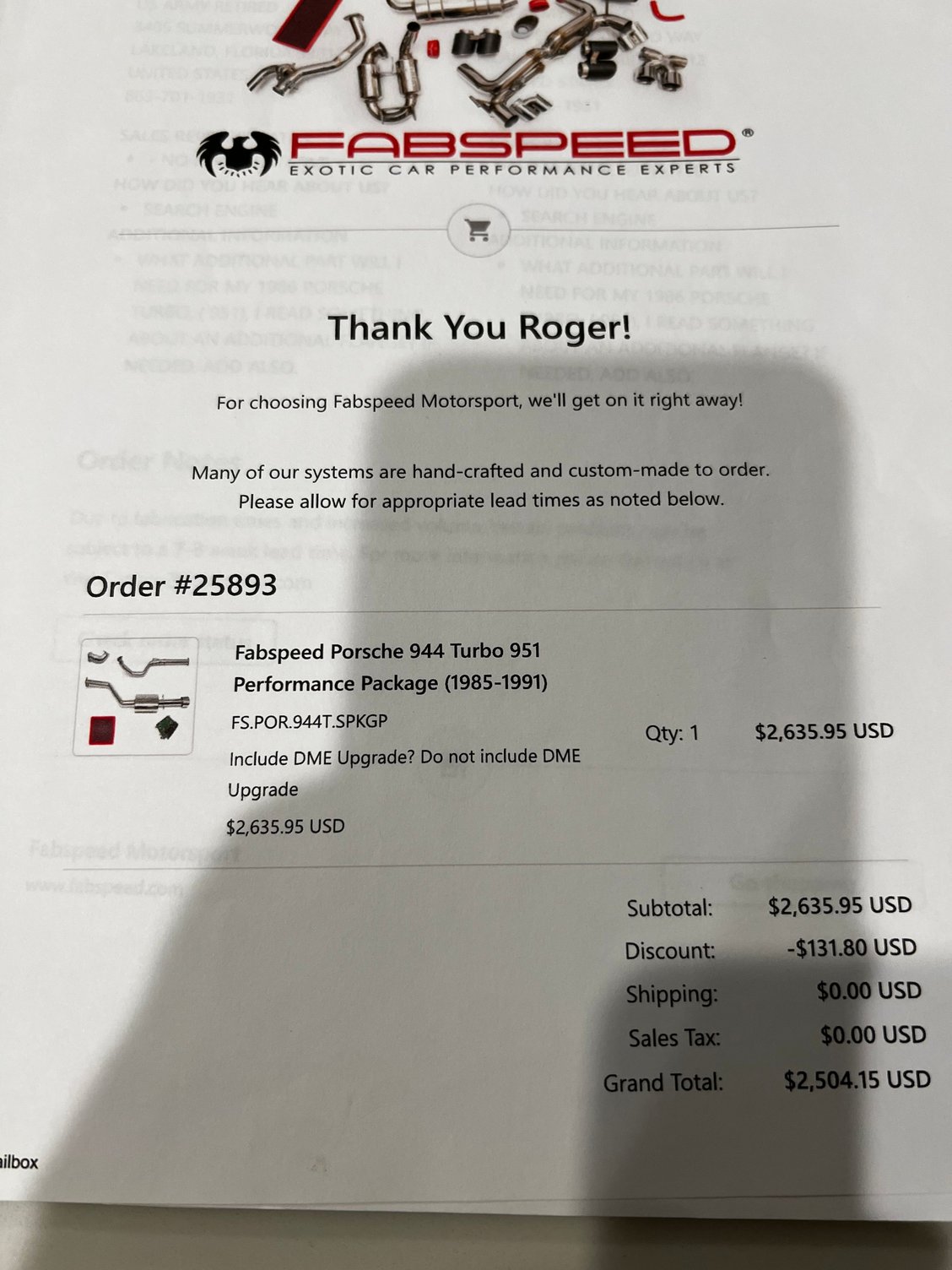 Also found this receipt along with some other very nice upgrades he did. 