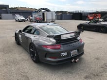 2015 911 GT3 side mufflers deleted with Dundon motorsports center stack muffler and laguna tips.