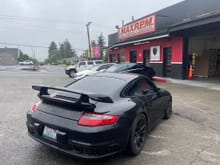 Arriving at the shop after a rainy morning drive