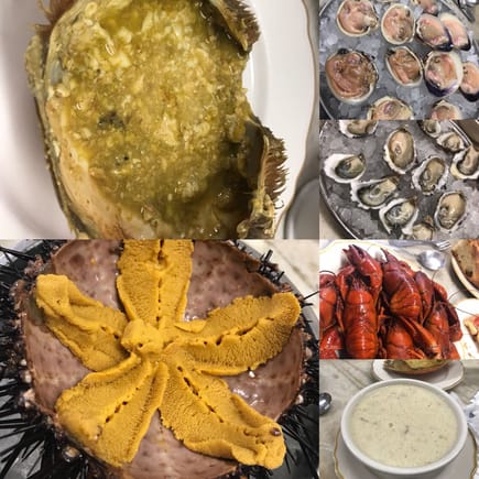 crab back, fresh uni, clam chowder, crawfish, raw clam, raw oyster.... 
