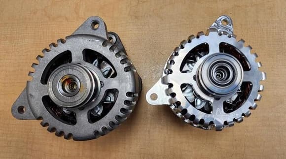New alternator front housing side by side with original custom housing.