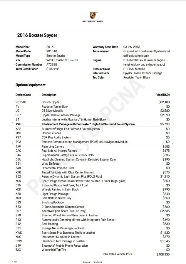 2016 Porsche Boxster - 2016 GT Silver Boxster Spyder (STUNNING SPEC!) - Used - VIN WP0CC2A87GS152618 - 12,608 Miles - Houston, TX 77090, United States