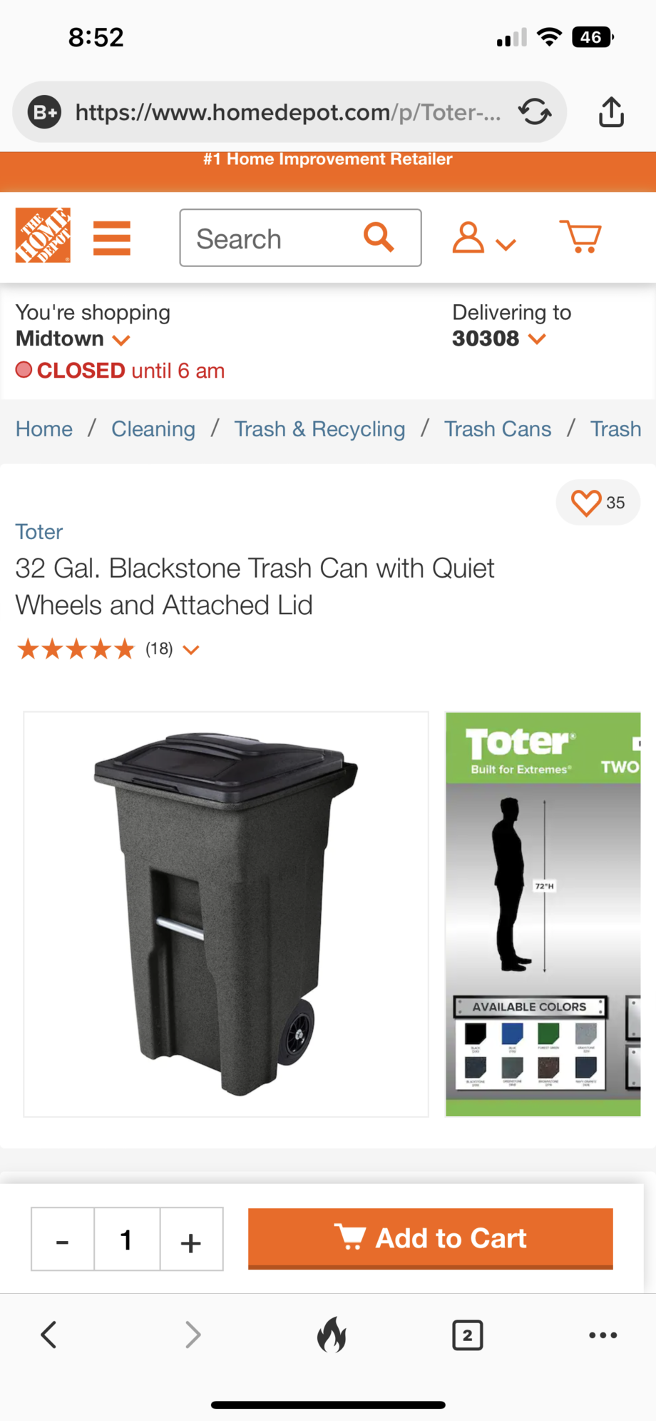 Toter 64 gal. Trash Can Blackstone with Quiet Wheels and Lid