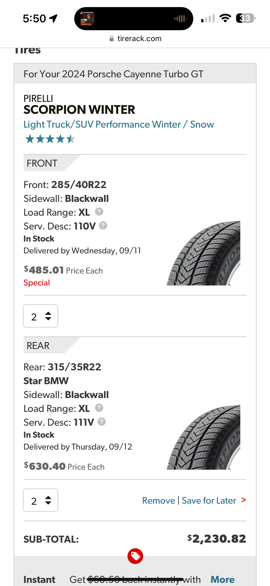 Wheels and Tires/Axles - Like NEW Pirelli Winter Tires Cayenne - Used - 0  All Models - Seattle, WA 98134, United States