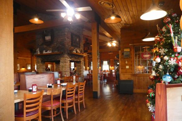 The Flapjack restaurant interior with fireplace