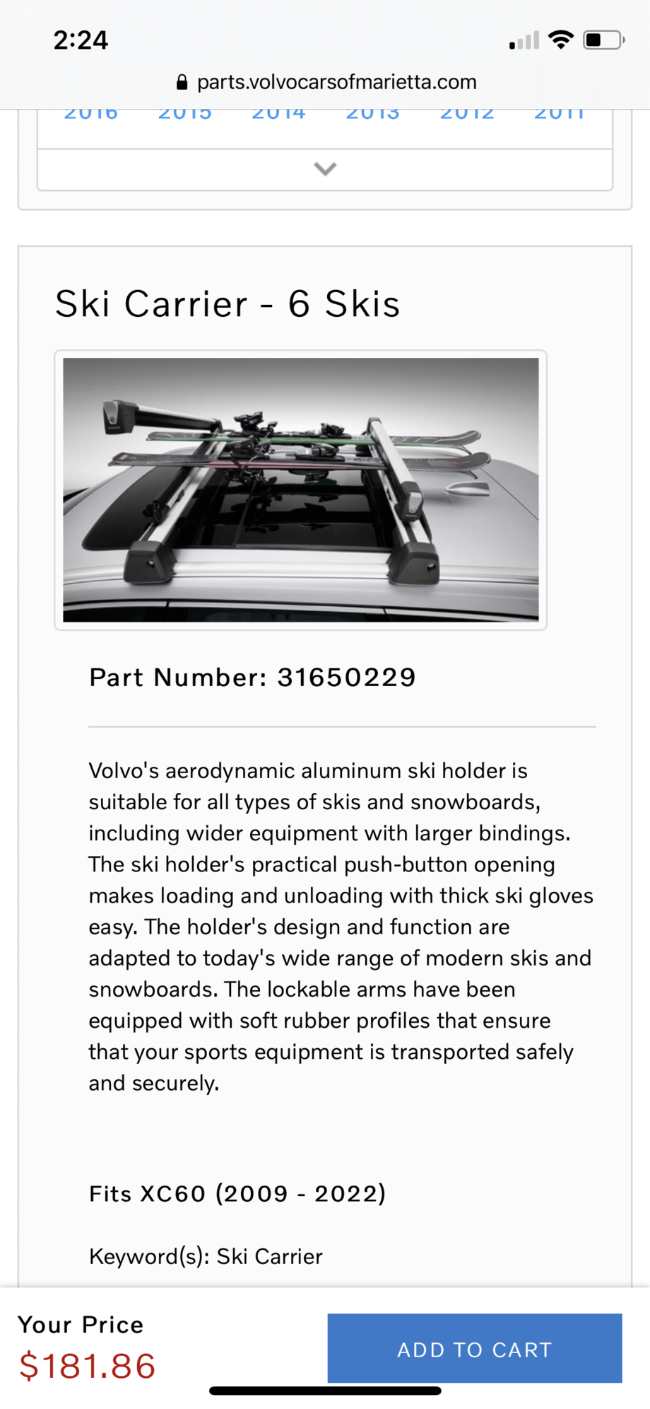 Accessories - XC 60 ski rack - New - 2014 to 2020 Volvo XC60 - Walnut, CA 91789, United States