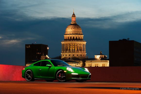 2017 Porsche 911 4s in Signal Green shot near the Texas State Capitol.