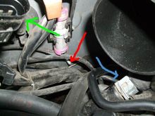 Green:  B1S1 connector
Red:  Remove plastic zip tie connected to the body
Blue:  Location of another zip tie