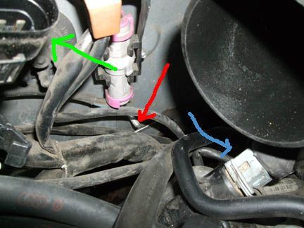 Green:  B1S1 connector
Red:  Remove plastic zip tie connected to the body
Blue:  Location of another zip tie