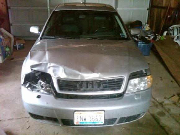 a deer attempted to commit suicide by jumping on the hood of my car... and failed. the damn deer stood up, gave me and indignant look, and ran off. the insurance company totaled the vehicle and then sold me the wreck for $900. i'll go into the damages with other photos, but repairing it with a reiger carbon bumper, front splitter, side skirts, RS6 rear spoiler, lltek DRL headlights, and a new set of hartmann B7 HRS4's... was considering a carbon fiber hood, but the car is so heavy, it's not worth the money.