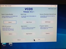 I plugged in the VCDS cable and connected to notebook computer then turned ignition on and turned on headlights before  starting the VCDS app.  Then click on Select