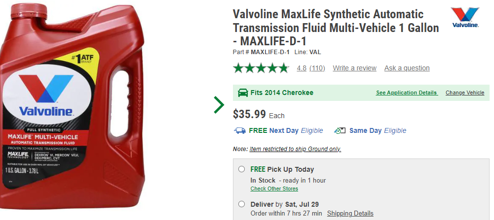 Valvoline MaxLife Full Synthetic Automatic Transmission Fluid 1 Gallon