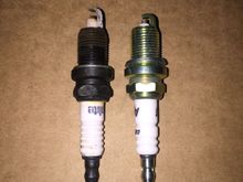 Old spark plug (Left). New spark plug (right). The height difference was concerning to me so I ended up changing them a few days later.