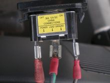 brown: ground (spliced into cig lighter ground)
red: power (from yellow)
green/purp: load (from grey/blk)
30A switch