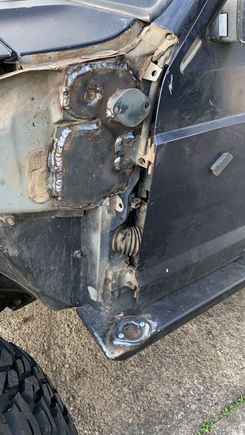 This is the mount for the “A” pillar support. I didn’t want a cross bar blocking my view, restricting access to the windshield and wipers, and the air intake for the heater intake. This is fully welded to the strongest part of the firewall/“A” pillar. 