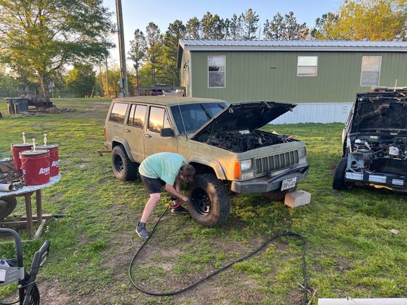 My son airing up the tires