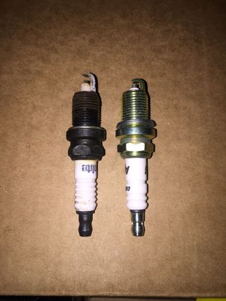 Old spark plug (Left). New spark plug (right). The height difference was concerning to me so I ended up changing them a few days later.