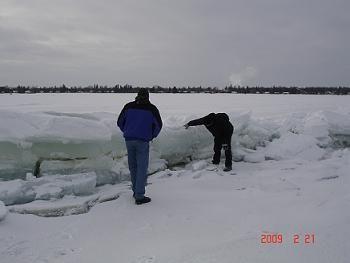 ice ridge on the lake, this is the thin ice that breaks under pressure from the surrounding heavier ice. it forces the lighter ice on top.