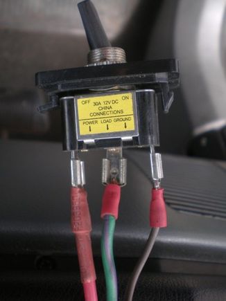 brown: ground (spliced into cig lighter ground)
red: power (from yellow)
green/purp: load (from grey/blk)
30A switch