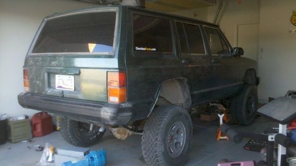4.5 inch RC full rear leafs,'95 chevy 1500 shackles, RC Rear N 2.0 shocks, 4.5 inch front coils, 1 3/4" coil spacer, Rubicon Express Twin Tube Front shocks. RC adj. UCA's/LCA's, adj. RC track bar with drop bracket. Sets her right at 6" of lift, just waiting for my new wheels to get powdercoated, then wrapping them in 33/1050's.