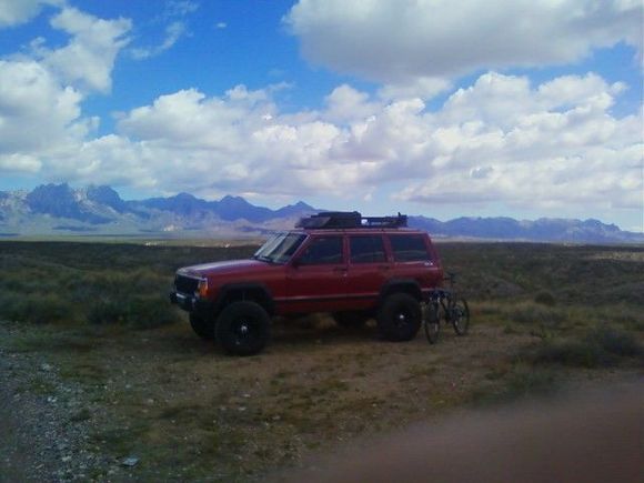 The jeep is for the dogs and the bike is for me.