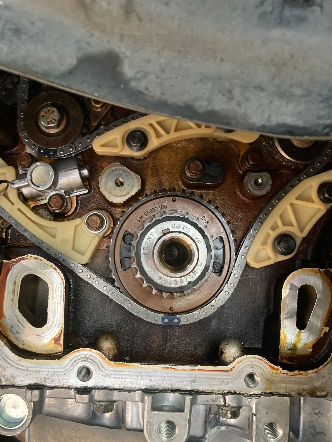 You can see at the upper left the exhaust balance, chain color link is in line with the mark, the same follows for the intake side. Crankshaft sprocket from what I read is supposed to be at the 12 o�clock position. I just have a gut feeling something isn�t right.