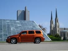In front of Botanical Conservatory with the Cathedral of Immaculate Conception off to the right in Fort Wayne, Indiana.