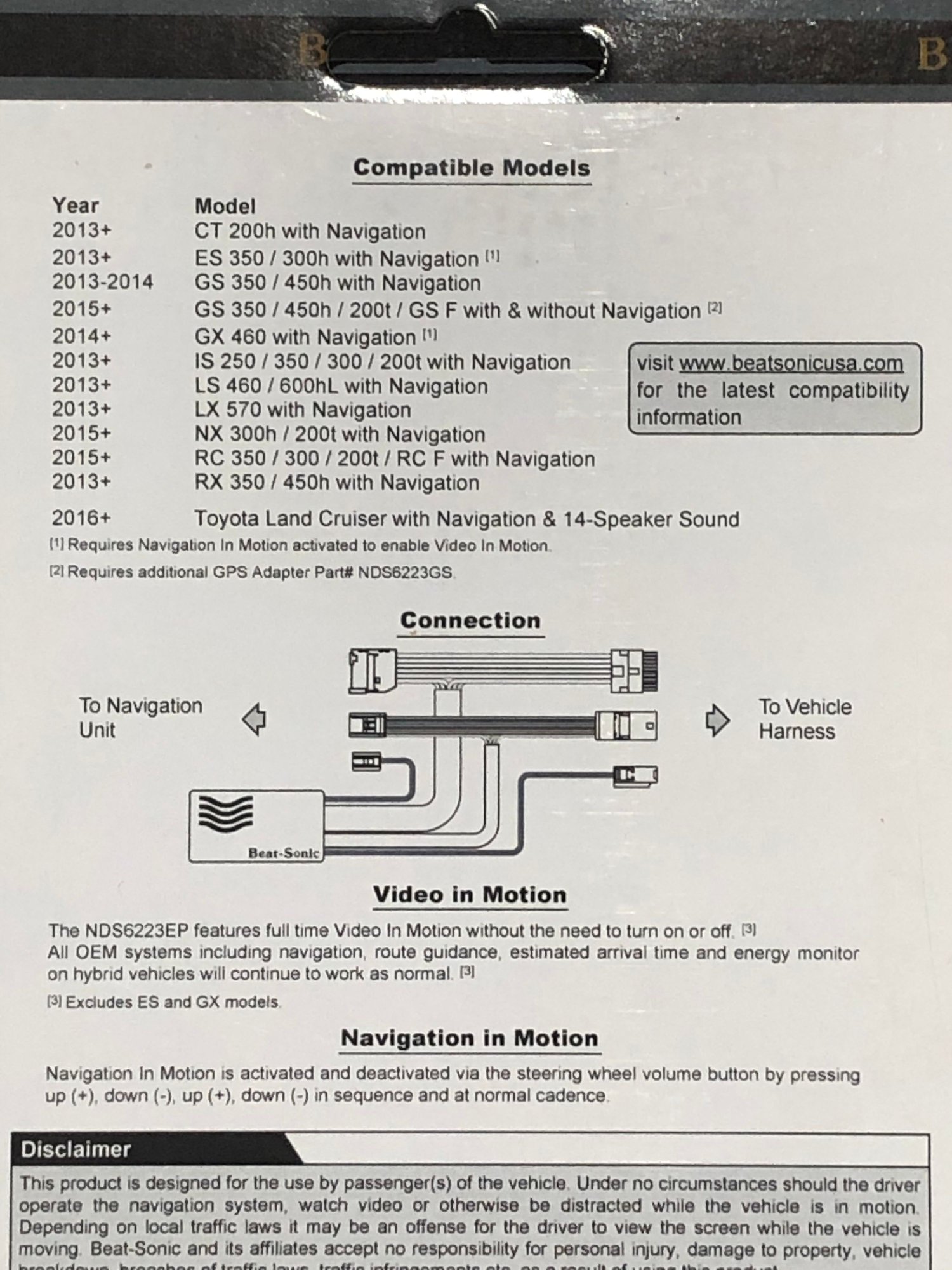 Audio Video/Electronics - Beat-Sonic NDS6223EP Navigation and DVD Control Bypass Module - New - 2013 to 2018 Lexus ES350 - Fairfax, VA 22031, United States