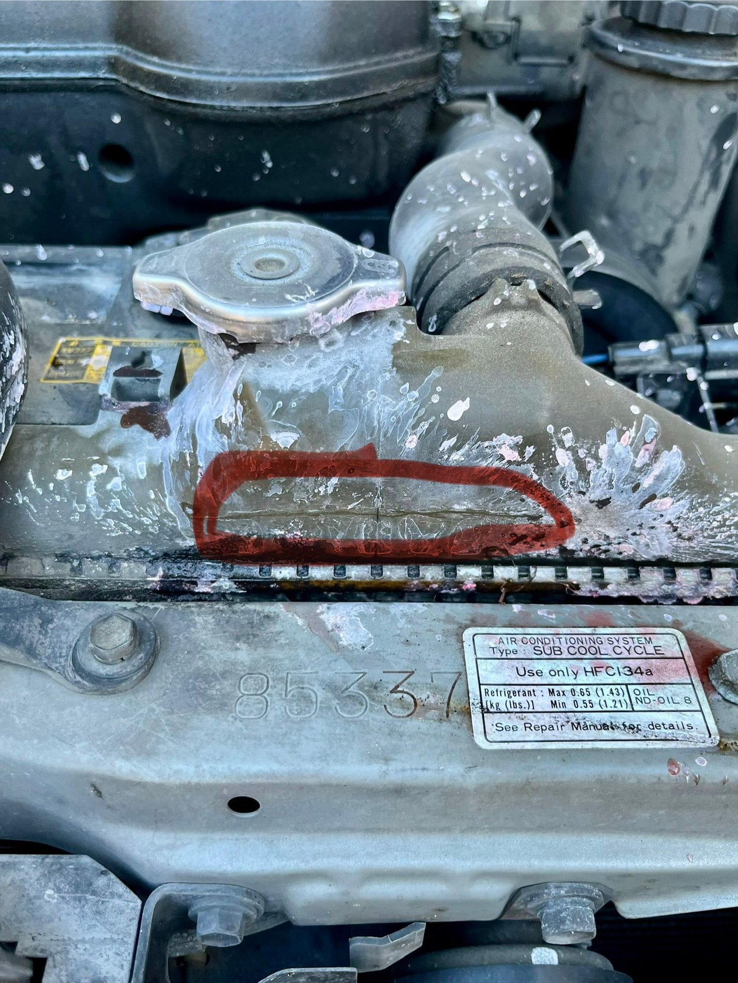 The seam where I noticed the fluids boiling out of. 