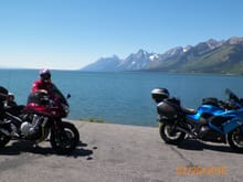 photo taken at Jackson Lake with the Teton mountains, 2016 motorcycle trip. My older Brother in photo.