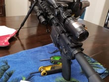 PSA AR-15, bipod, taclight, optic, and offset iron sights.