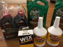 (2) 5 qt jugs (giggity) of Quaker State Ultimate Synthetic 5w30
(2) 1 qt bottles of Redline 75W 85 
(4) 1 quart bottles Toyota ATF WS
(1) Wix 57310 oil filter