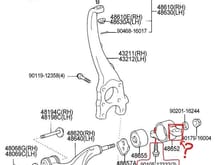 Diagram from Butler Lexus of South Atlanta parts, showing the front axle arm/steering knuckle. The small bolt is listed, however the big bolt is not listed