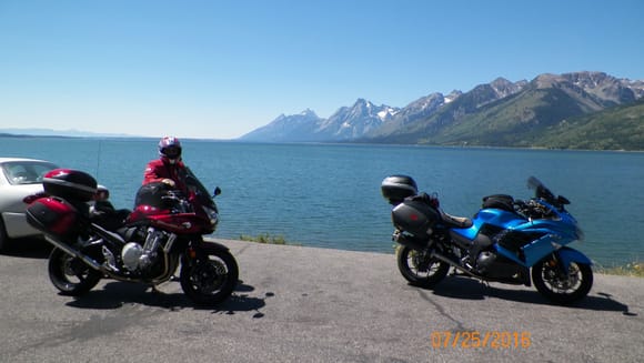 photo taken at Jackson Lake with the Teton mountains, 2016 motorcycle trip. My older Brother in photo.