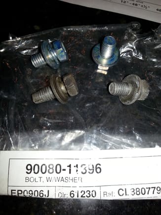 Lexus PN 90080-11396. Use for secondary negative ground cable.. The chassis side bolt is now using a correct non-thread forming bolt. Originals were cleaned at one point but timevto replace