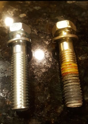 New Toyota fastener on left does not include yellow compound. As a steel bolt is screwing into an Aluminum (transmission housing)  may preclude use of certain  threadlocking compounds...


