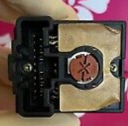 Backside of switch assembly depicting bulb base. A slight turn counterclockwise with a small common screwdriver loosens bulb.