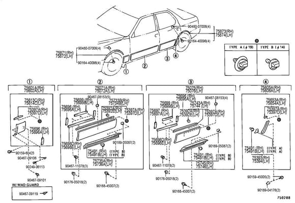 Lexus parts diagram depicting 1995-2000 LS400 cladding